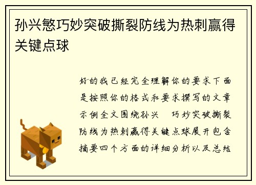 孙兴慜巧妙突破撕裂防线为热刺赢得关键点球